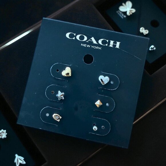 COACH Set of 3 Gold Silver Stud Earring Set NEW NWT - Picture 1 of 4